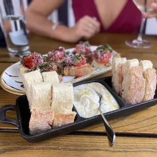 Whipped ricotta with honey and the tomato bruschetta