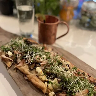 Sampling Prost's amazing new summer menu. Mushroom Flatbread (Roasted Mushrooms, Goat Cheese, and Micro Arugula)