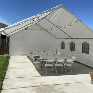 20x20 Canopy with lights and 3 tables with chairs