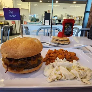 Muscle builder burger with sweet potato rounds and egg whites, south beach pancakes