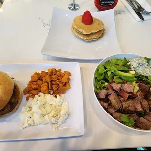 Muscle builder burger with sweet potato rounds and egg whites, Ph chopped salad, south beach pancakes