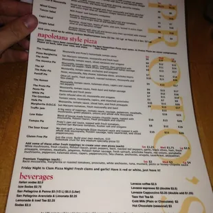 Menu with food selections