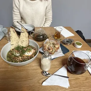 Green Shakshuka, pour over coffee, Seasonal banana, walnut, White Chocolate Muffin