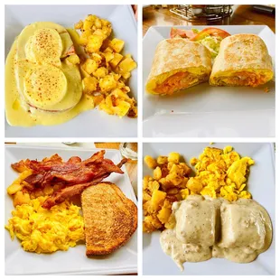 Breakfast - Eggs Benedict, Kids Egg &amp; Cheese burrito, Fisherman&apos;s Combo w bacon, &amp; Biscuits &amp; Gravy.