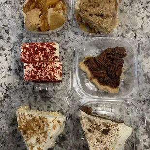 Top: Snickerdoodle Peach Pie, Caramel Apple Pie Middle: Red Velvet Pound Cake, Bourbon Pecan Pie Bottom: Coconut Cream Pie, Turtle Cream Pie