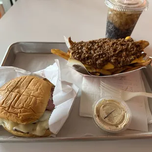 Pastrami burger and chili cheese fries with side of ranch