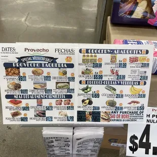 a price list for a variety of foods