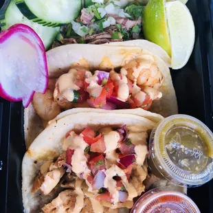 Shrimp, fish &amp; carnitas tacos