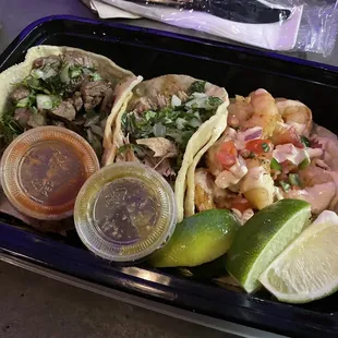 Carne Asada, Pollo Asado, and Shrimp Tacos