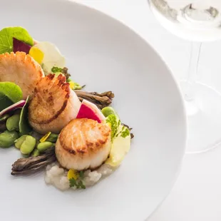 a scallop dish on a white plate