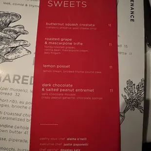 Dessert menu