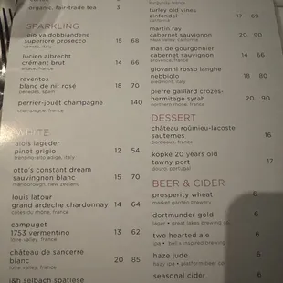 Wine and beer menu
