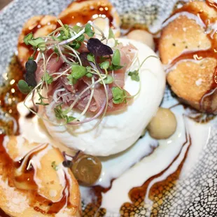 Burrata + Prosciutto with fig mostarda, pickled apples and pears, honey, crostinis