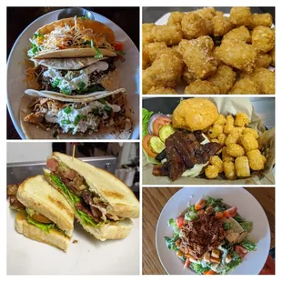 Tacos, tots, blt, burgers, salads