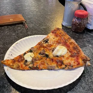 a slice of pizza on a paper plate