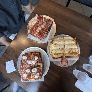 Build Your Own Detroit Style (Top), Motor Hill (Bottom), and Cheesy Bread