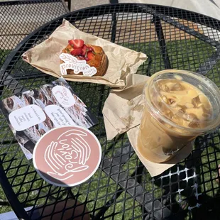 strawberry, basil croissant, an iced coffee.