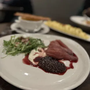 Pear Salad -- arugula, spiced pecan, fig jam, vanilla, mascarpone, honey-lime vinaigrette