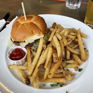 Impossible burger and fries. Bun is vegan friendly