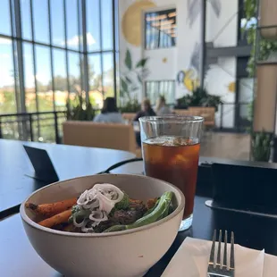 Protein bowl and iced coffee