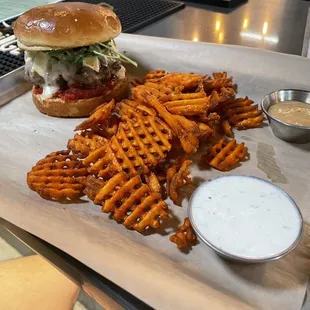 Burger w/ sweet potato waffle fries