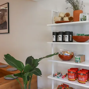 a shelf of coffee beans and a potted plant