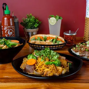 three plates of food on a table