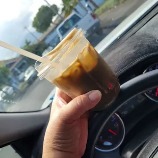 Hojicha iced latte with oatmilk