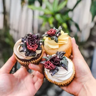 a hand holding three cupcakes
