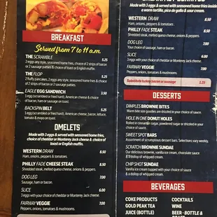 Breakfast menu, dessert menu, and abbreviated beverage menu.