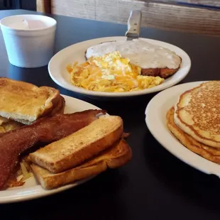 Chicken fried steak, eggs, bacon toast, and pancakes. Perfect Sunday pre-nap meal!