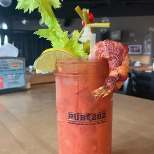 22oz. Bloody Mary with Bacon Wrapped Prawns