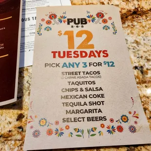 $12 Taco Tuesdays menu