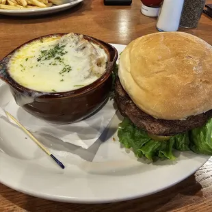 Old Fashioned Burger and French Onion Soup