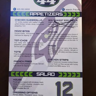 Appetizer and Salad menu.