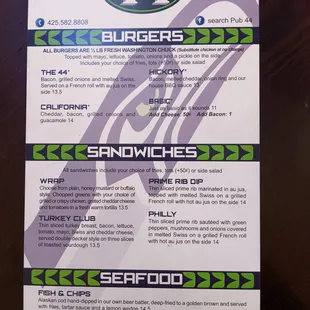 Burger and Sandwich menu.