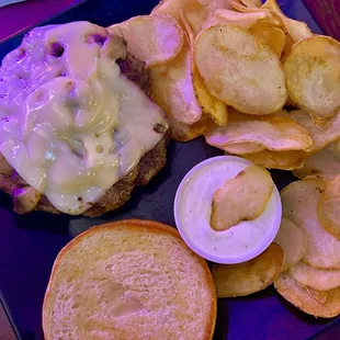 Mushroom and Swiss Burger with house chips