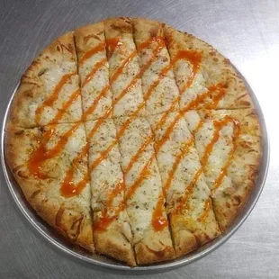Our buffalo chicken pizza!