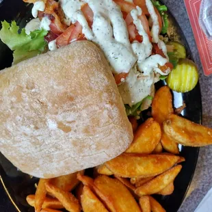 Turbo turkey BLT with pub fries.