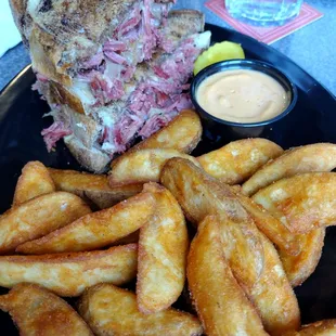 Reuben with pub fries.