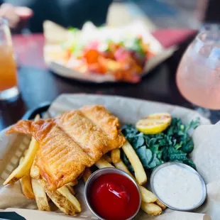 Fish &amp; Chips Cod - about as big as your hand. Good meal for 1.