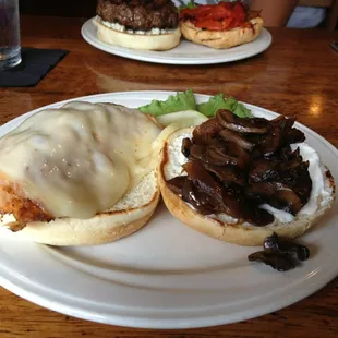 Grilled salmon with grilled onions, mushrooms and Swiss cheese with sour cream.