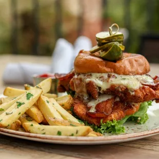 a chicken sandwich and french fries