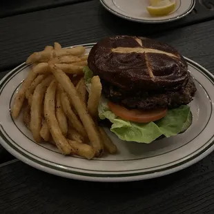 Cheeseburger with a Pretzel Bun subbed &amp; fries