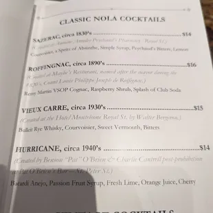 a menu for a vintage cocktail