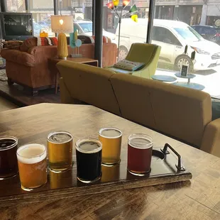 Flight of six in taproom.