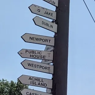Signposts to communities all over Ireland and  Cleveland stadium for the Browns and Indians in the back parking lot of the pub