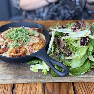 Shrimp and grits with a beet salad