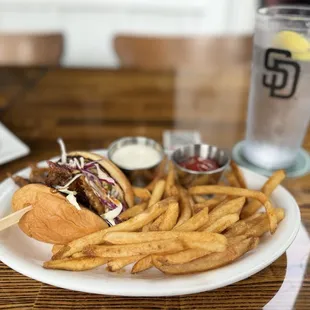 Pulled Pork, half order of Seasoned Shoestring Fries