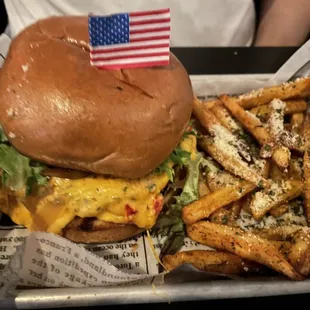 a cheeseburger and french fries